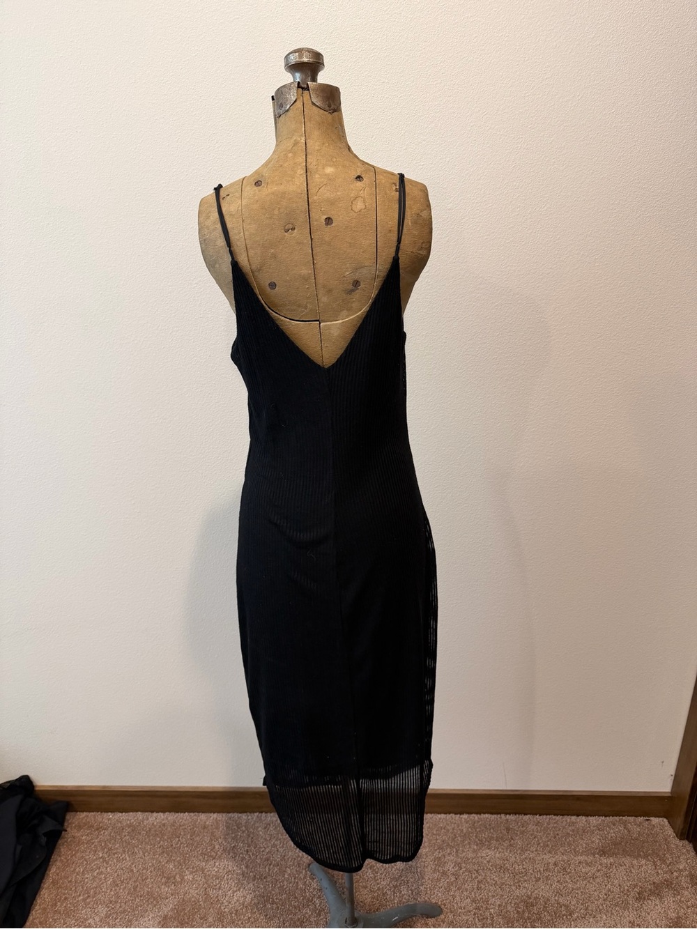 Express Black Ribbed Slip Midi Dress with Sheer Hem